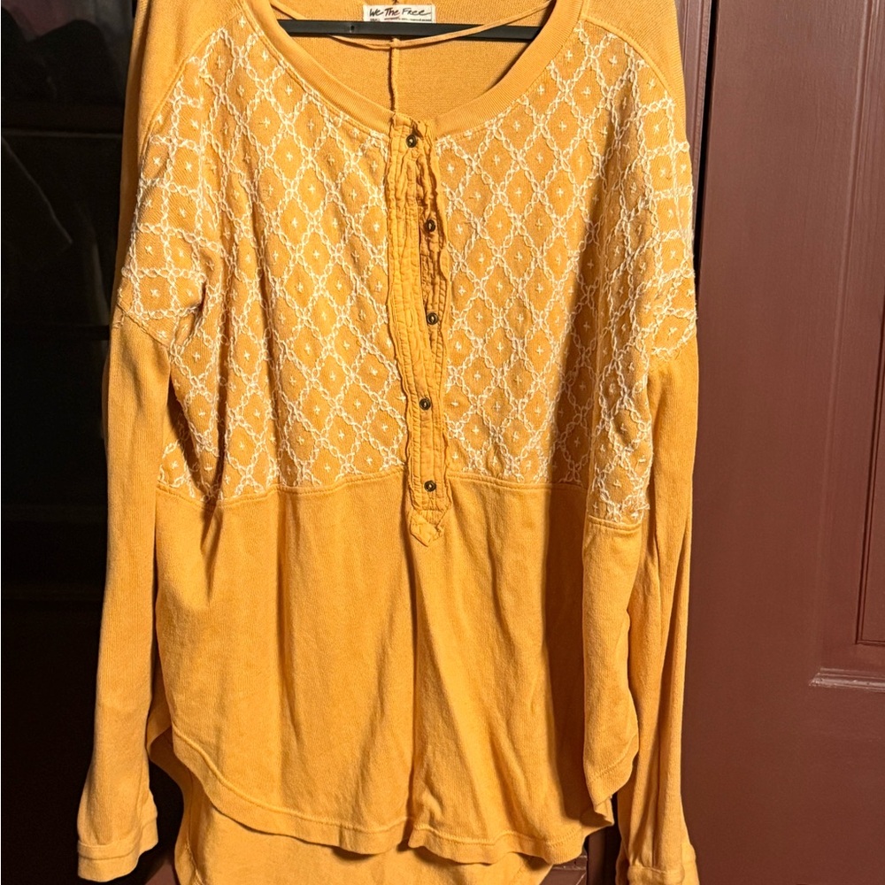We The Free Mustard Yellow Embroidered Henley Sweater